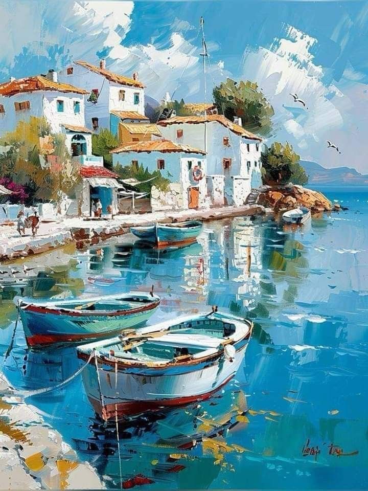 Coastal Village Boat Reflections