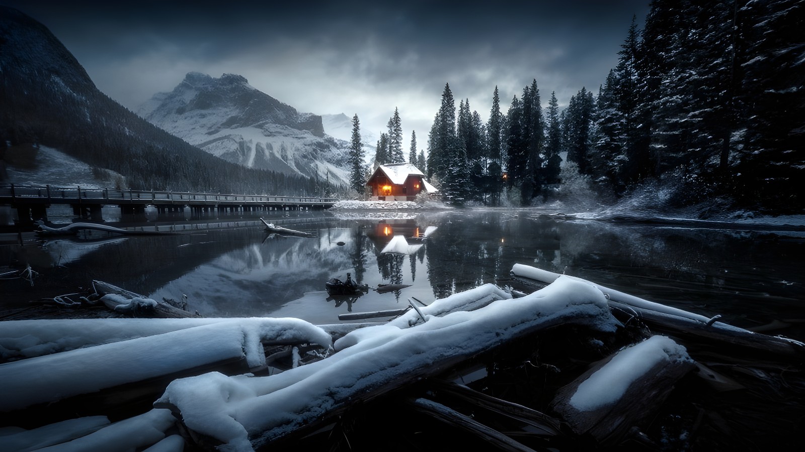 Winter Cabin Lake Glow