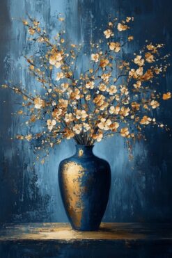 Golden Blossoms in Blue Vase